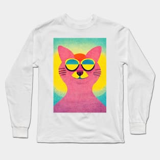 Hippie Cat Retro Poster Vintage Art Cat Wall Blue Pink Illustration Long Sleeve T-Shirt